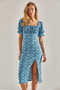Women's Blue Turquoise Madonna Collar Tie Flower Pattern Dress 60111057 - 4