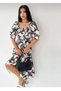 Women's Belted Chest Guiped Floral Loose Skirt Ruffled Balloon Sleeve Detailed Dress