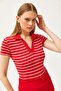 Women's Striped Red Polo Collar Knitted Blouse BLZ-19002563 - 4