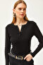 Women's Black Crew Neck Buttoned Long Sleeve Lycra Cotton Blouse BLZ-19002566