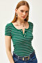 Women's Emerald Green Metal Buttoned Striped Knitted Blouse BLZ-19002562