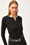 Women's Black Crew Neck Buttoned Long Sleeve Lycra Cotton Blouse BLZ-19002566 - 5