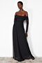 Black A-Line Carmen Neck Knit Tulle Long Elegant Evening Dress TPRSS24AE00068 - 2