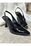 Casual Women's Pointed Toe Flat Patternless Thin Open Back Heels Model Black Patent Leather Evening Dress Shoes 101B