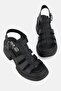 WOMEN'S BLACK GENUINE NATURAL LEATHER THICK HEELED BUCKLE SLIPPERS - 2