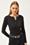 Women's Black Crew Neck Buttoned Long Sleeve Lycra Cotton Blouse BLZ-19002566 - 4