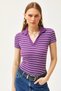 Women's Striped Purple Polo Neck Knitted Blouse BLZ-19002563 - 3
