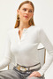 Women's Ecru Crew Neck Buttoned Long Sleeve Lycra Cotton Blouse BLZ-19002566