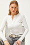 Women's Ecru Crew Neck Buttoned Long Sleeve Lycra Cotton Blouse BLZ-19002566 - 4