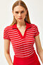 Women's Striped Red Polo Collar Knitted Blouse BLZ-19002563
