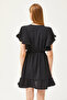 Women's Black Double-breasted Collar Sleeve Detailed Mini Draped Dress ELB-19002079 - 2