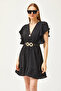 Women's Black Double-breasted Collar Sleeve Detailed Mini Draped Dress ELB-19002079 - 3
