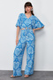 Blue Printed V-Neck Balloon Sleeve Relaxed Textured Stretchy Blouse Pants Knitted Top-Bottom Set TWOSS24AU00033