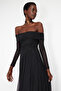 Black A-Line Carmen Neck Knit Tulle Long Elegant Evening Dress TPRSS24AE00068 - 3