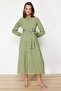 Light Khaki Belted Mandarin Collar Button-Detail Woven Dress TCTSS21EL3343 - 2