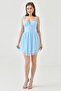 Women's Baby Blue Lined Tulle Fabric Back Low-cut Tie-up Design Flared Mini Dress with Chest Support 162 - 6
