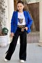 Girls' Leopard Text and Digital Printed T-shirt Loose-Fit Trousers Blue Blazer Jacket Bottom Top Set