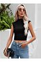 Women's Seamless Turtleneck Blouse Gathered Sides Sleeveless Black Tank Top - 4