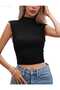 Women's Seamless Turtleneck Blouse Gathered Sides Sleeveless Black Tank Top - 2