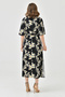 Daisy Patterned Double Breasted Collar Stretchy Fabric Side Slit Midi Length Belted Summer Dress 098 - 2