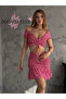 Women's Double Crop Set Crispy Pattern Guiped Bustier Skirt Set - 3