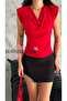Women's Red Degaje Collar Pleated Shoulder Padded Flowy Blouse Sandy Fabric - 3