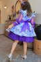 Girl's Floral Print Shoulder and Sleeve Ruffle Detailed Jewel Embroidered Purple Dress - 4