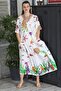 White V-neck Short Sleeve Double Pocket Allover Printed Casual Woven Dress - 3