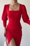 Square Neck Croissant Skirt Detail Midi Dress - 2