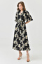 Daisy Patterned Double Breasted Collar Stretchy Fabric Side Slit Midi Length Belted Summer Dress 098 - 8