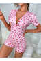 Pink heart print short sleeve sleepwear jumpsuit - 2