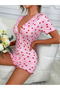 Pink heart print short sleeve sleepwear jumpsuit - 3