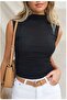 Women's Seamless Turtleneck Blouse Gathered Sides Sleeveless Black Tank Top