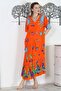 Orange V-neck Short Sleeve Double Pocket Allover Printed Casual Woven Dress - 6