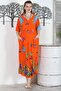 Orange V-neck Short Sleeve Double Pocket Allover Printed Casual Woven Dress - 3