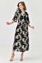 Daisy Patterned Double Breasted Collar Stretchy Fabric Side Slit Midi Length Belted Summer Dress 098 - 4