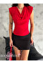Women's Red Degaje Collar Pleated Shoulder Padded Flowy Blouse Sandy Fabric - 4