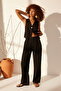 Siyah %100 Keten Pileli Yüksek Bel Wide Leg Pantolon TWOSS24JE00245 - 3