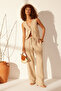 Bej %100 Keten Beli Lastikli Yüksek Bel Wide Leg Pantolon TWOSS24JE00249