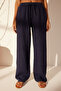 Lacivert %100 Keten Beli Lastikli Yüksek Bel Wide Leg Pantolon TWOSS24JE00249 - 4