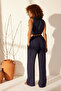 Lacivert %100 Keten Beli Lastikli Yüksek Bel Wide Leg Pantolon TWOSS24JE00249 - 6