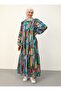 Mixed Patterned Balloon Sleeve Hijab Dress - Green Yellow Patterned - Benin