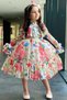 Girl's Sleeves Transparent and Ruffled Collar Floral Print Pleated White Dress