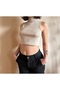 Beige stand collar sleeveless crop Corded sleeveless crop stand collar bodysuit - 5