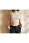 Beige stand collar sleeveless crop Corded sleeveless crop stand collar bodysuit