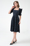 Women's Stretchy Crepe Fabric Short Sleeve Square Collar Midi Length Polka Dot Patterned Black Evening Dress 080 - 8