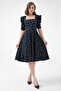 Women's Design Crepe Fabric Square Neck Short Sleeve Midi Length Black Polka Dot Pattern Dress 080 - 4
