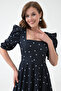 Women's Stretchy Crepe Fabric Short Sleeve Square Collar Midi Length Polka Dot Patterned Black Evening Dress 080 - 5