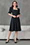 Women's Design Crepe Fabric Square Neck Short Sleeve Midi Length Black Polka Dot Patterned Evening Dress 080 - 6