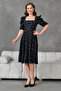 Polka Dot Patterned Black Crepe Fabric Short Sleeve Square Collar Midi Length Black Evening Dress 080 - 8